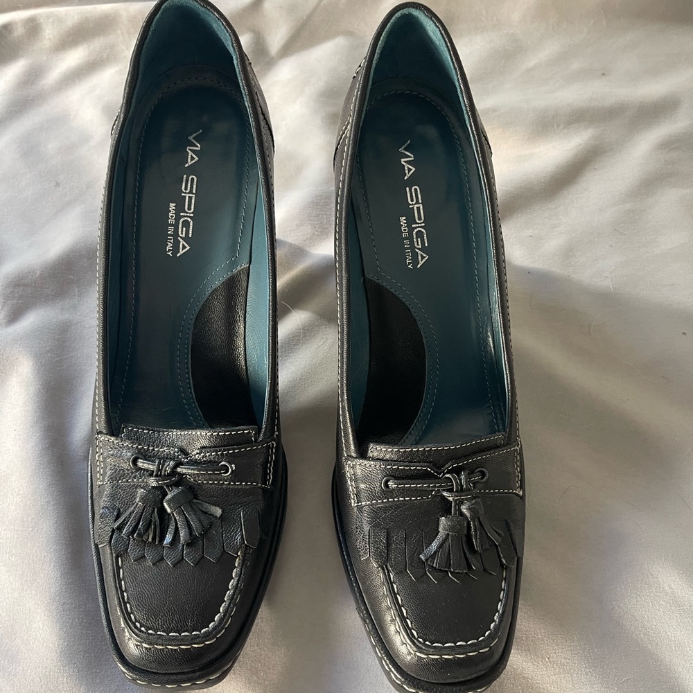Via Spiga black heel loafers, size 9